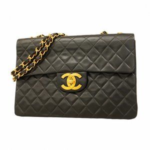 Chanel Shoulder Bag, Large Matelasse, Double Chain, Lambskin, Black, Women's